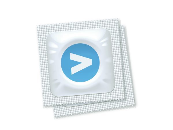 Two condoms with Greater Than symbol on the packaging